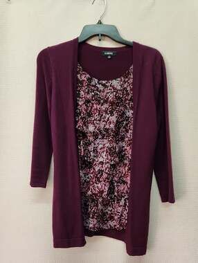 Elementz Plum Open-Front Cardigan with Pink Patterned Shell